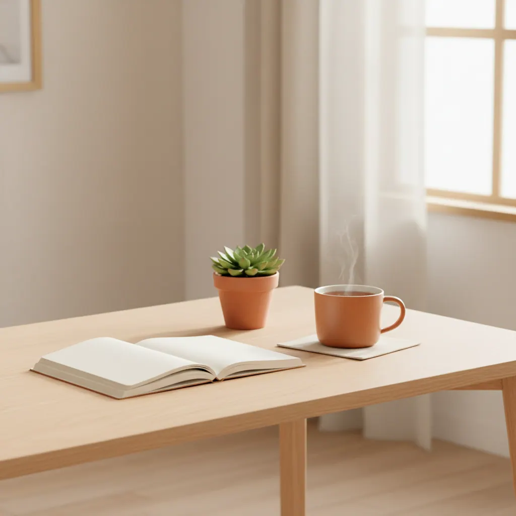 Calm, light-filled office workspace with a notebook, a small potted plant, and a cup of tea on a wooden desk