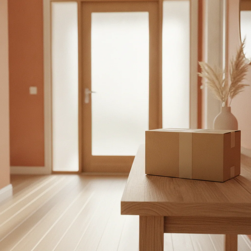 A neat plain kraft cardboard parcel on a hallway table near a front door, ready for collection