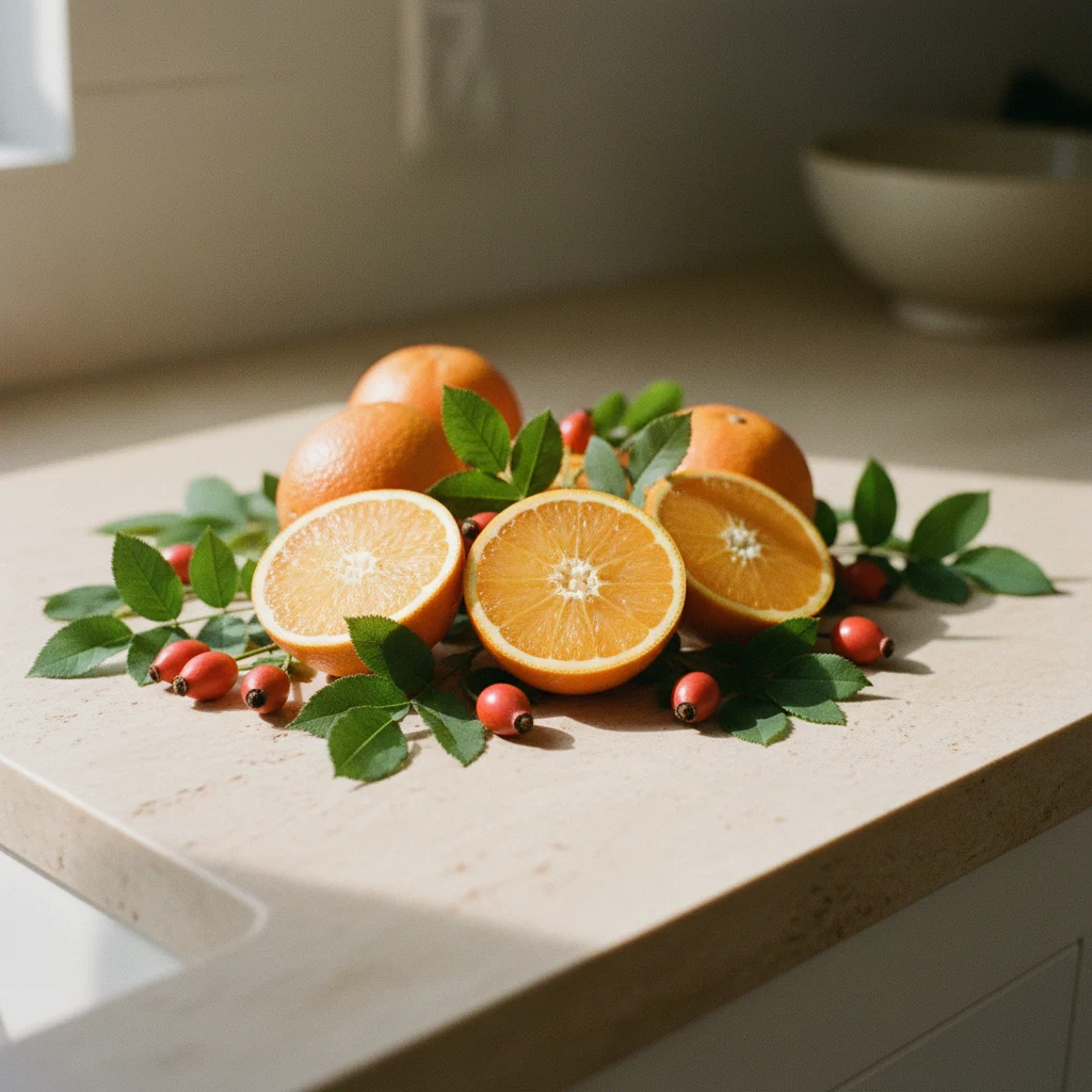 Fresh oranges, rosehips, and green leaves arranged on a light stone kitchen surface