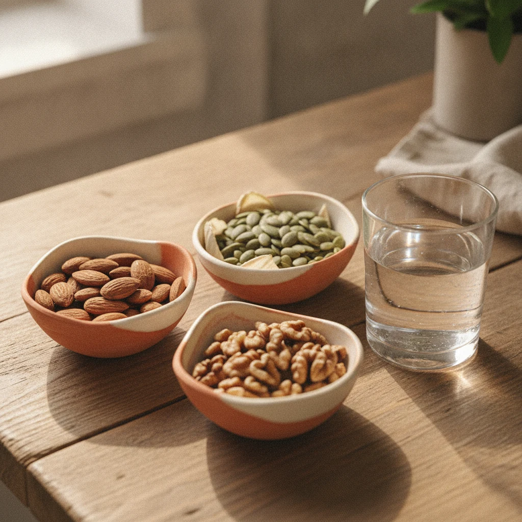 Small ceramic bowls of almonds, pumpkin seeds, and walnuts beside a glass of water on a wooden kitchen table