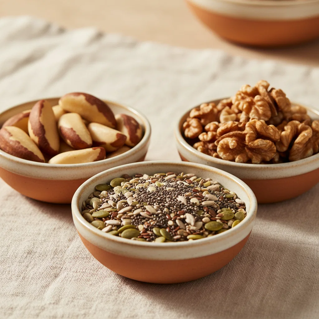 Close-up of mixed seeds, walnuts, and Brazil nuts arranged in small ceramic bowls on a linen cloth