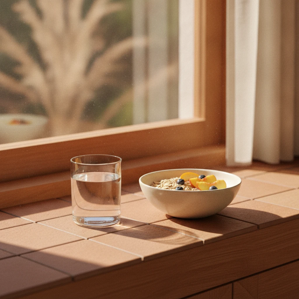 A glass of water and a light breakfast on a bright kitchen windowsill, morning light