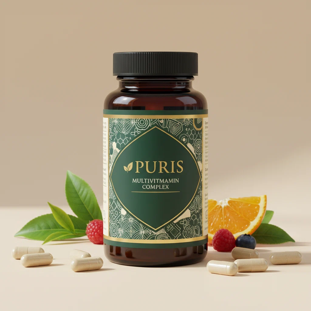 Puris Multivitamin Complex white supplement bottle with branded label on a neutral background